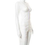 Solid Color Hollow-out Long Sleeve Sexy Pleating Shorts Mesh Jumpsuit