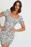 Milkmaid Dress Spring Square Collar Short Sleeve High Waist Crimp Split Print Dress