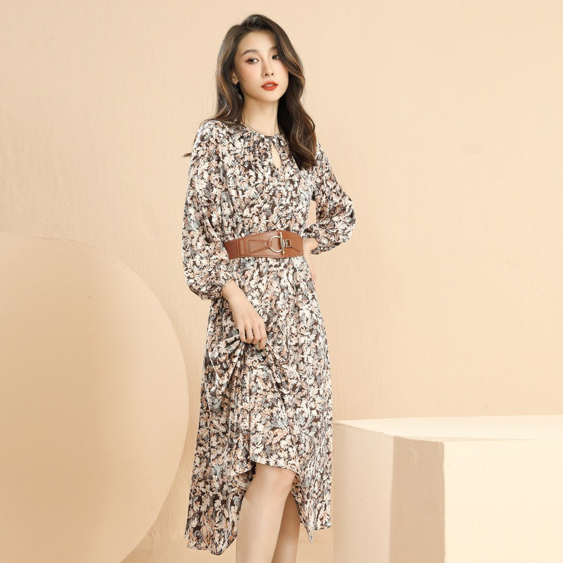Emery Rose Dresses Autumn Crew Neck Floral Tight Waist Lace-up Dress