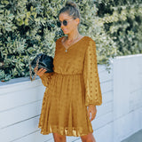 Women Fall Outfits Autumn Winter Skirt V-neck Long Sleeve Mesh Dress