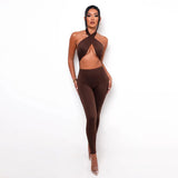 Summer Sexy Backless Halter Solid Color High Waist Tight Casual Sports Jumpsuit