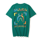 Shark Print T Shirt Summer Short Sleeve Letter Print Round Neck Pullover T-Shirt