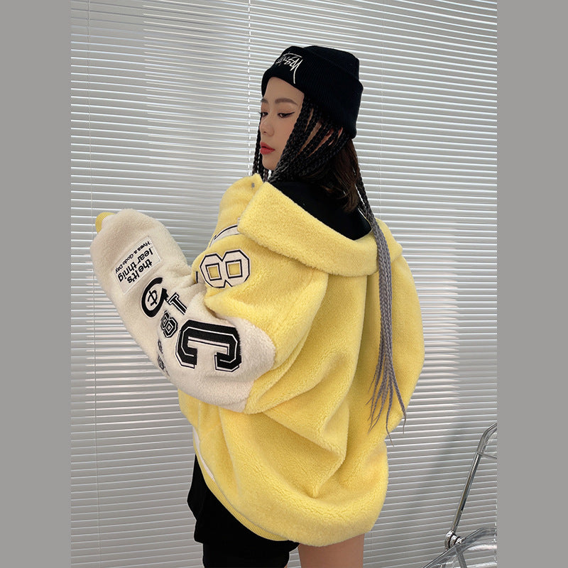 Red Varsity Jacket Autumn and Winter Hip Hop Motorcycle Lambswool Wool Coat Thick Winter Clothes Men and Women Couple Style