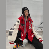 Red Varsity Jacket Autumn and Winter Hip Hop Motorcycle Lambswool Wool Coat Thick Winter Clothes Men and Women Couple Style