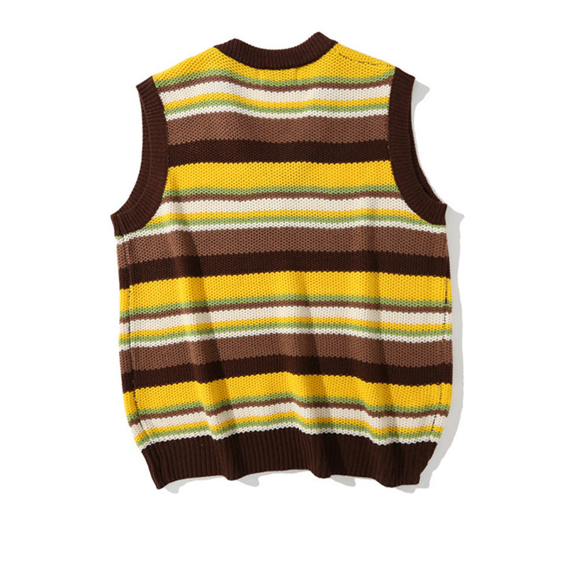 Men Sweater Vest Mixed Color Stripe V-neck Sweater Vest Men's Loose Sleeveless Sweater Idle Style Waistcoat Vest