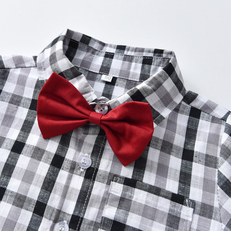 Children Boy Formal Shirt & Suspender Pants 2 Piece Set Children's Clothing Autumn Long Sleeve Printed Shirt