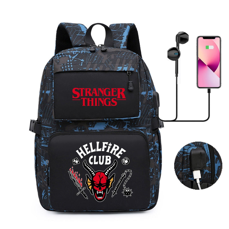 Stranger Things Hellfire Club Backpack Printed Backpack Large Capacity School Bag for Teenagers Students USB Computer Bag