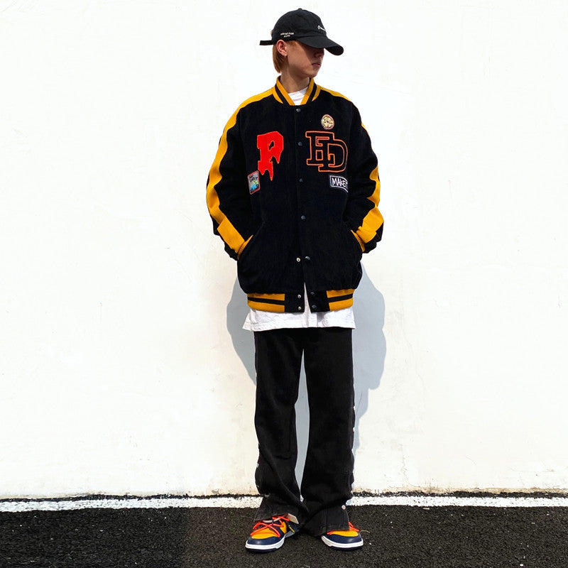 Yellow Varsity Jacket Autumn Winter Retro Corduroy Jacket Men's Loose Embroidered Baseball Uniform Coat