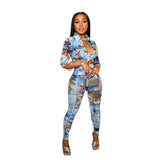 See through Pants Suit Fashion Casual Cartoon Print Element Blouse and Pants