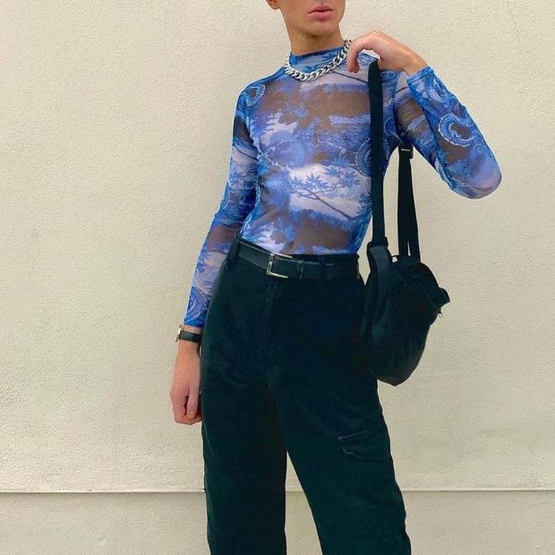 Rave Outfits Men Long Sleeve Shirt Printed See-through Street T-shirt for Men