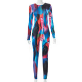 Autumn Color Tie-Dyed round Neck Long Sleeve Sexy Trousers Jumpsuit