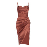 Homecoming Dresses Tight Sexy Satin Pile Collar Pleated Backless Suspender Midi Dress