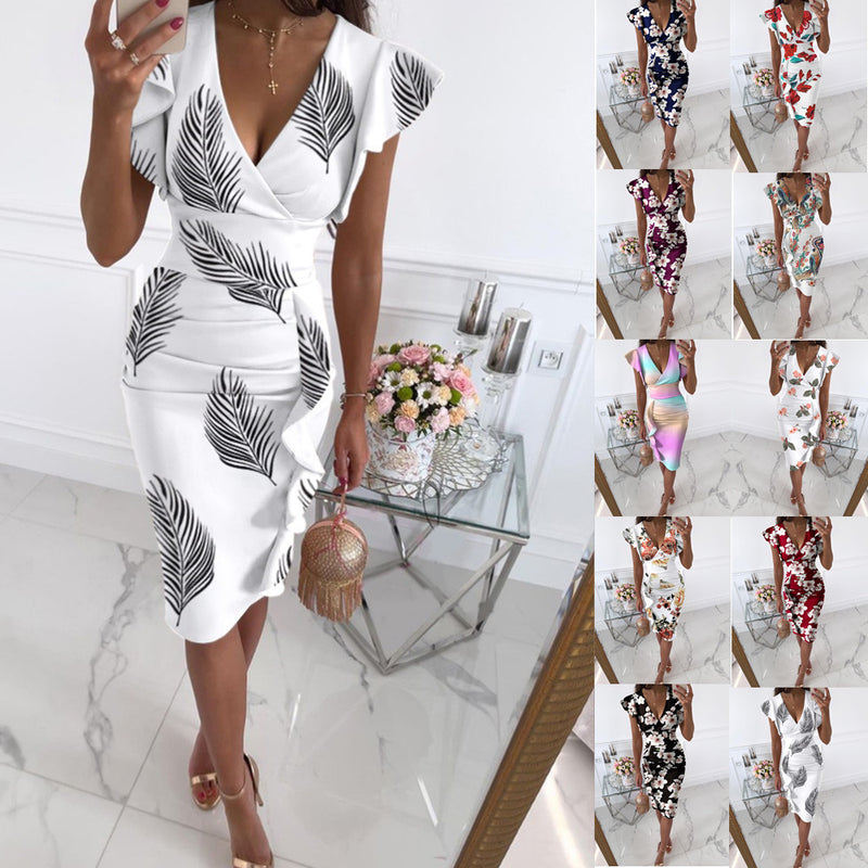 Nina Parker Graffiti Dress Slim Fit Waist Trimming Ruffles Sheath Dress