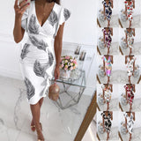 Nina Parker Graffiti Dress Slim Fit Waist Trimming Ruffles Sheath Dress
