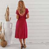 Mauve Dress Summer Dress Sexy Short Sleeve Solid Color Buttons V-neck Vest Skirt plus Size Women's Clothing