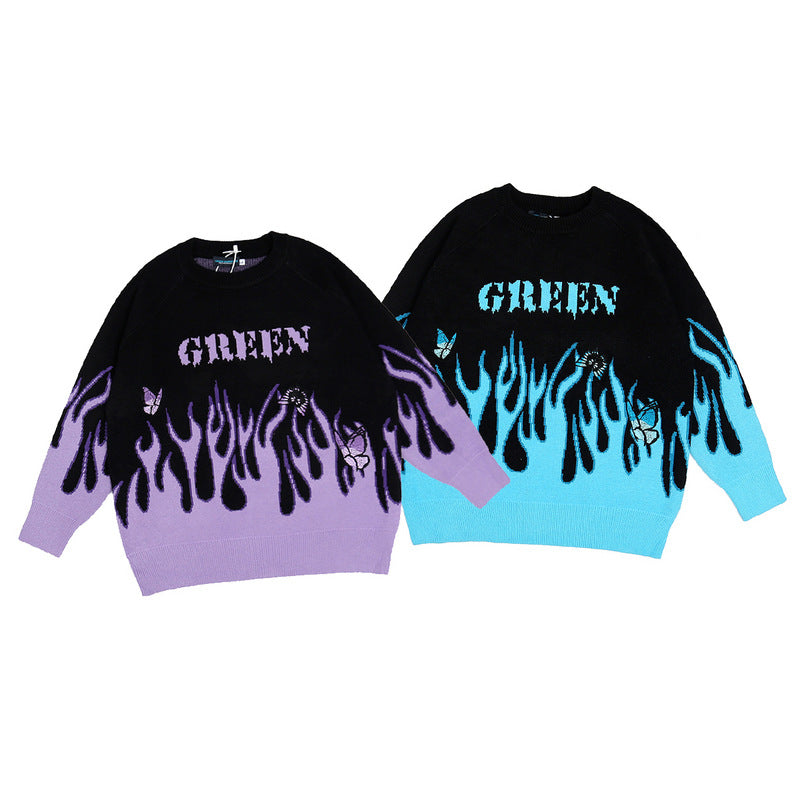 Mens Fall Outfits Gradient Flame Jacquard Butterfly Embroidered Couple Sweater Oversize Loose Knitted Top