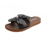 Women Open Toe Sands Flats Summer Plaid Bow Word Fashion Flat-Heeled Slippers