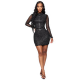 Nina Parker Black Dress Rhinestone Slim-Fit Long-Sleeved Party Sheath Dress