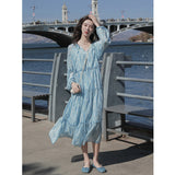 Aesthetic Dress Vintage Dress Women V-neck Tiered-Ruffle Long Dress