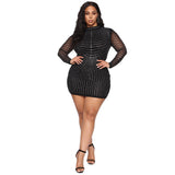 Nina Parker Black Dress Rhinestone Slim-Fit Long-Sleeved Party Sheath Dress