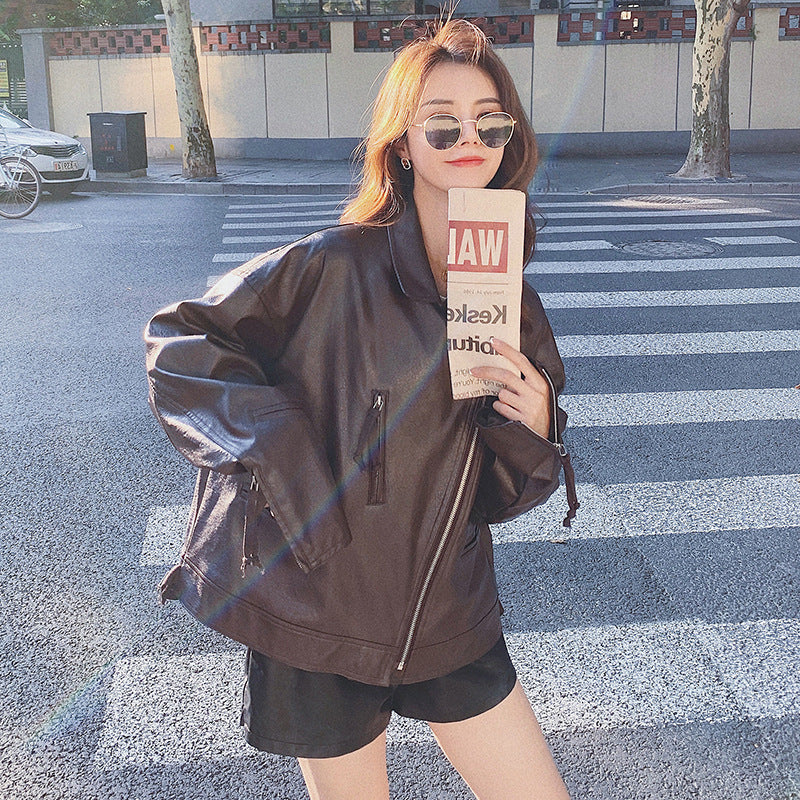 Cute Leather Jacketpu Leather Coat Women's Spring and Autumn French Loose Motorcycle Jacket Versatile Zipper Top