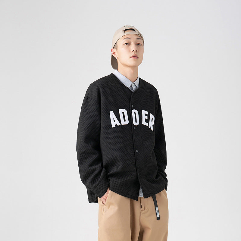 White Varsity Jacket Autumn Hip-Hop Street V-neck Jacket Embroidered Loose Baseball Clothing Jacket for Men
