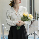Women Retro Cottagecore Vintage Dress Spring White Top with Black Skirt Two-Piece Fashion