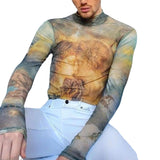 Rave Outfits Men Long Sleeve Shirt Spring Tight Long Sleeve Bottoming Shirt Vintage Printed