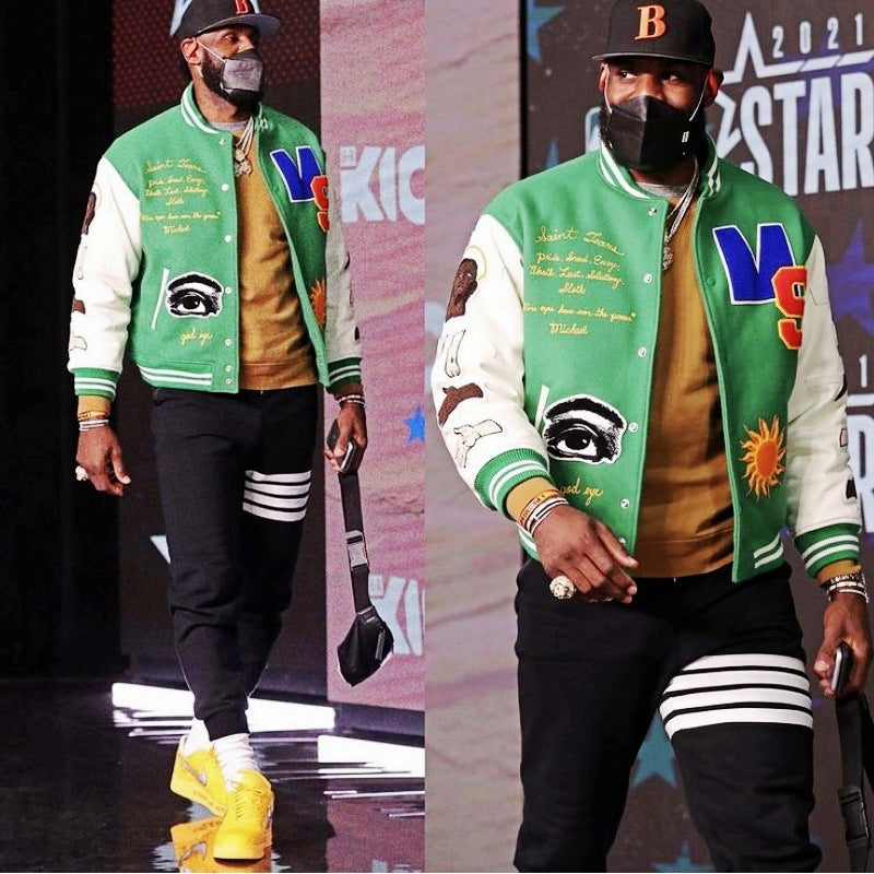 Green Varsity Jacket James Stadium Jacket Heavy Industry Full Embroidery Craft Baseball Sports Jacket Jacket