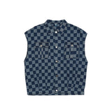 Men Sweater Vest Washed Distressed Checkered Denim Vest Men's Retro Street Sleeveless Work Vest