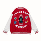 Vintage Letterman Jacket Robot Towel Embroidery Baggy Coat Men 'S And Women 'S Baseball Uniform Campus