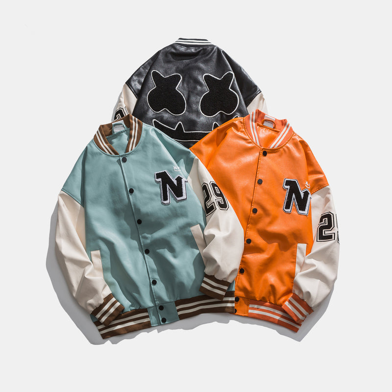 Orange Varsity Jacket Spring and Autumn Embroidered Leather Jacket Youth Men's Clothing Sports Baseball Clothing Jacket