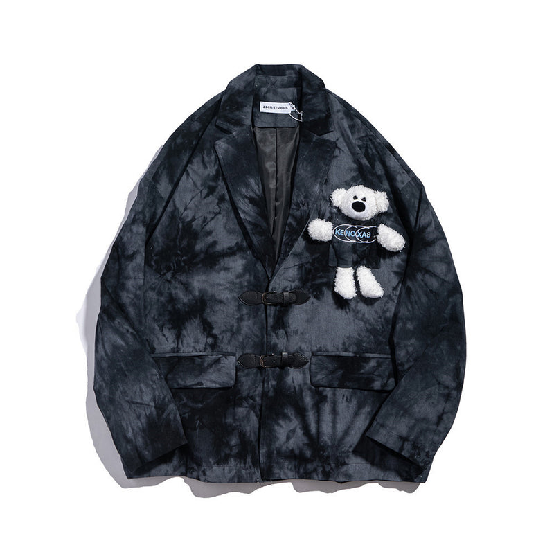 Men's Casual Suit Man Blzer Dark Bear Pendant Tie-Dyed Suit Jacket Men's Retro Loose Lapels Suit
