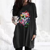 Skull Dress Casual round Neck T-shirt Women's Skull Printed Long Sleeve Loose Dress
