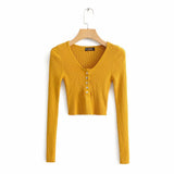 Women Fall Fall Five-Color Deep V Buckle Slim Fit Short Knitted Top