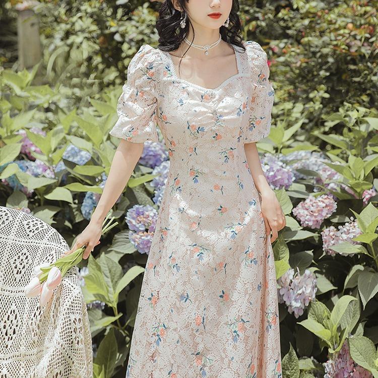 Women's Cottagecore Dress Square Collar Puff Sleeve Lace Dress Women's Summer Floral Waist-Tight Dress