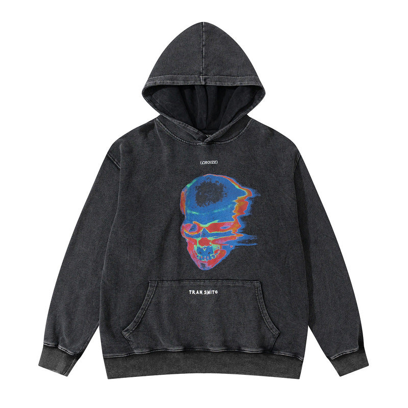 Mens Fall Outfits High Street Hooded Sweater Men's and Women's Retro Washed Distressed Skull Graffiti Trendy Hoodie
