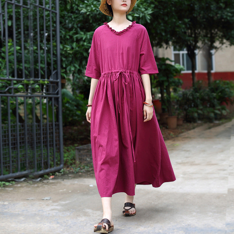 Mauve Dress Summer Pleated V-neck Distressed Mid-Sleeve Belt Wide Hem Loose Mid-Length Dress
