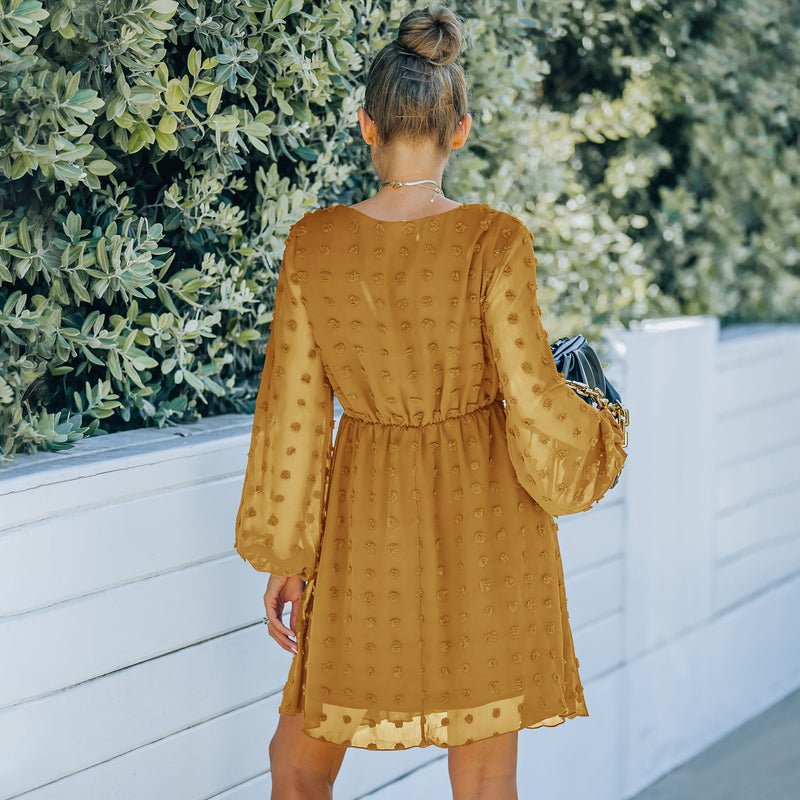 Women Fall Outfits Autumn Winter Skirt V-neck Long Sleeve Mesh Dress
