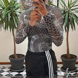 Rave Outfits Men Long Sleeve Shirt Tight Long Sleeve Bottoming Shirt Hip Hop Print See-through T-shirt for Men