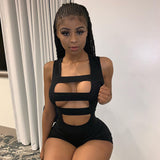 Summer Solid Color Sleeveless Stitching Hollow-out Tight Shorts Jumpsuit Women