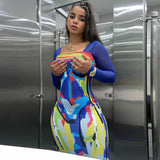 Nina Parker Graffiti Dress Mesh Slim Fit Patchwork Long Sleeve Dress
