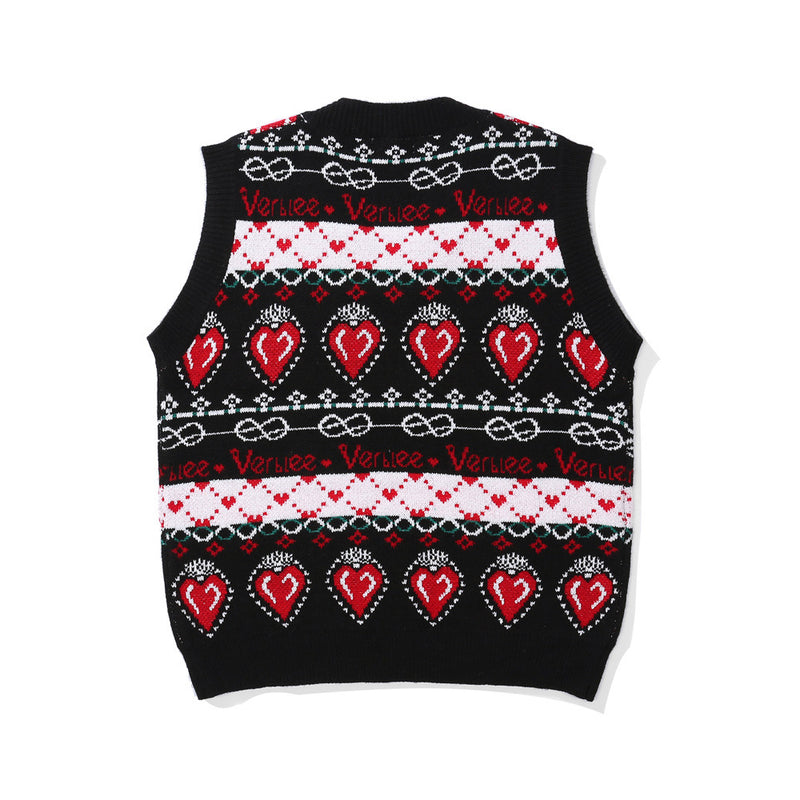 Men Sweater Vest Contrast Color Heart Jacquard Knitted Vest Men's Loose V-neck Sleeveless Sweater BF Idle Style Vest