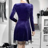 Winter Formal Dresses Dark Lace Dress Autumn and Winter Stitching Long Sleeve Round Neck