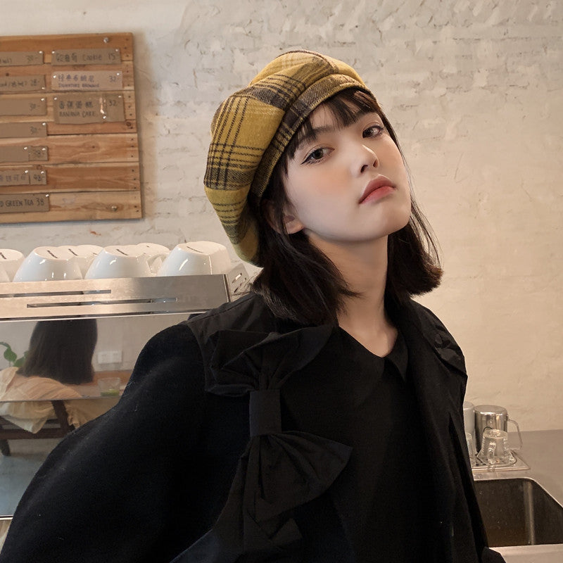 Check Beret Hat Vintage Spring and Autumn Plaid Pumpkin Hat