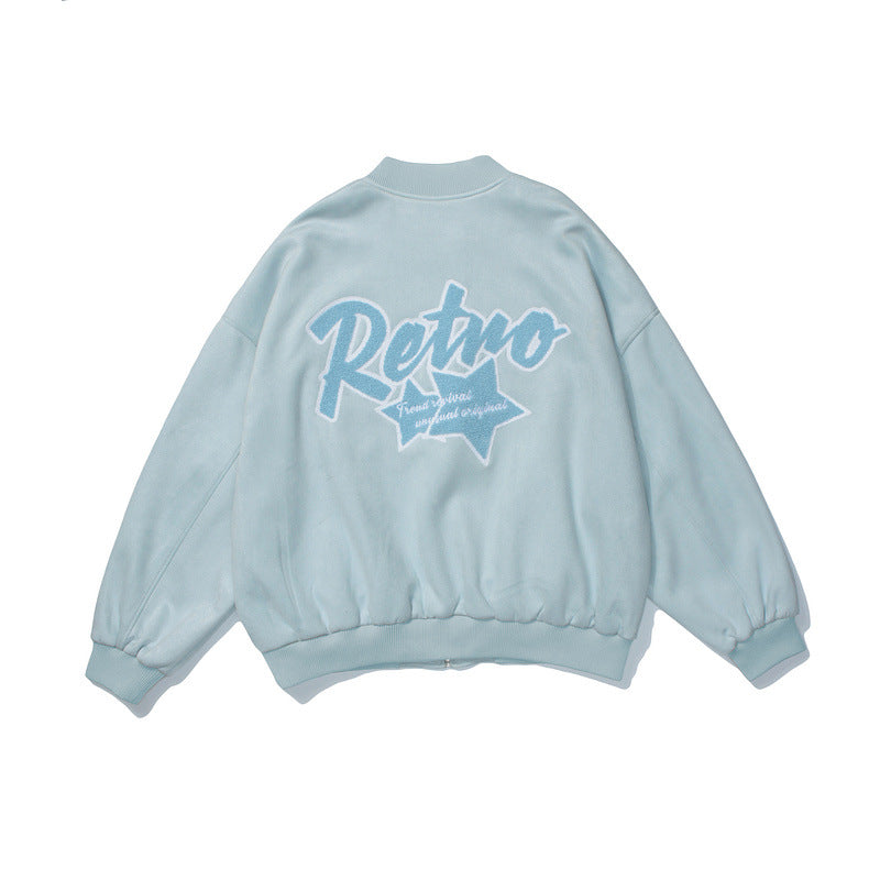 Baby Blue Varsity Jacket Embroidery Baggy Coat Men Spring Baseball Uniform Jacket