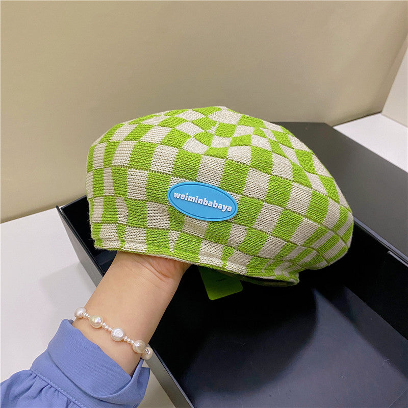 Check Beret Hat Fashion Spring and Summer Casual Blue Painter Hat