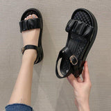 Women Open Toe Sandals Flats Summer Fashion Pleated Open Toe Ankle-Strap Buckle Roman Sandals