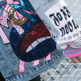 Cartoon Jeans Cardigan Women's Spring Stitching Long-Sleeved Coat Patchwork Women Denim Jacket