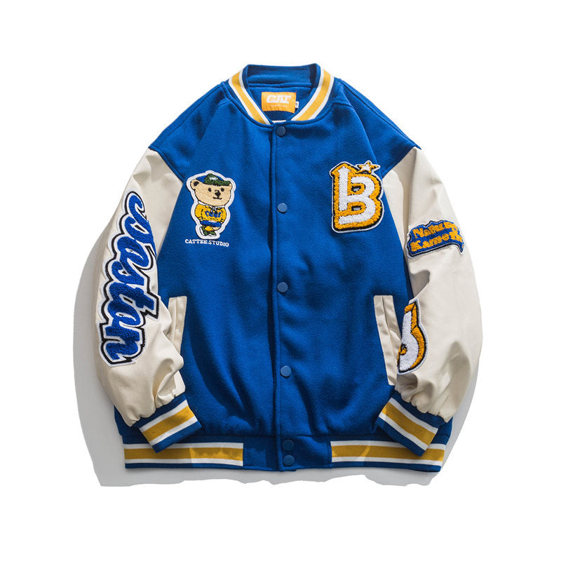 Baby Blue Varsity Jacket Spring Baseball Uniform Stitching Loose Lapel Jacket for Men
